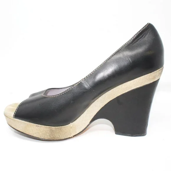 Taryn by Taryn Rose Size 9 Black Leather Linen Platform Wedge Peep Toe Heels - Picture 5 of 11